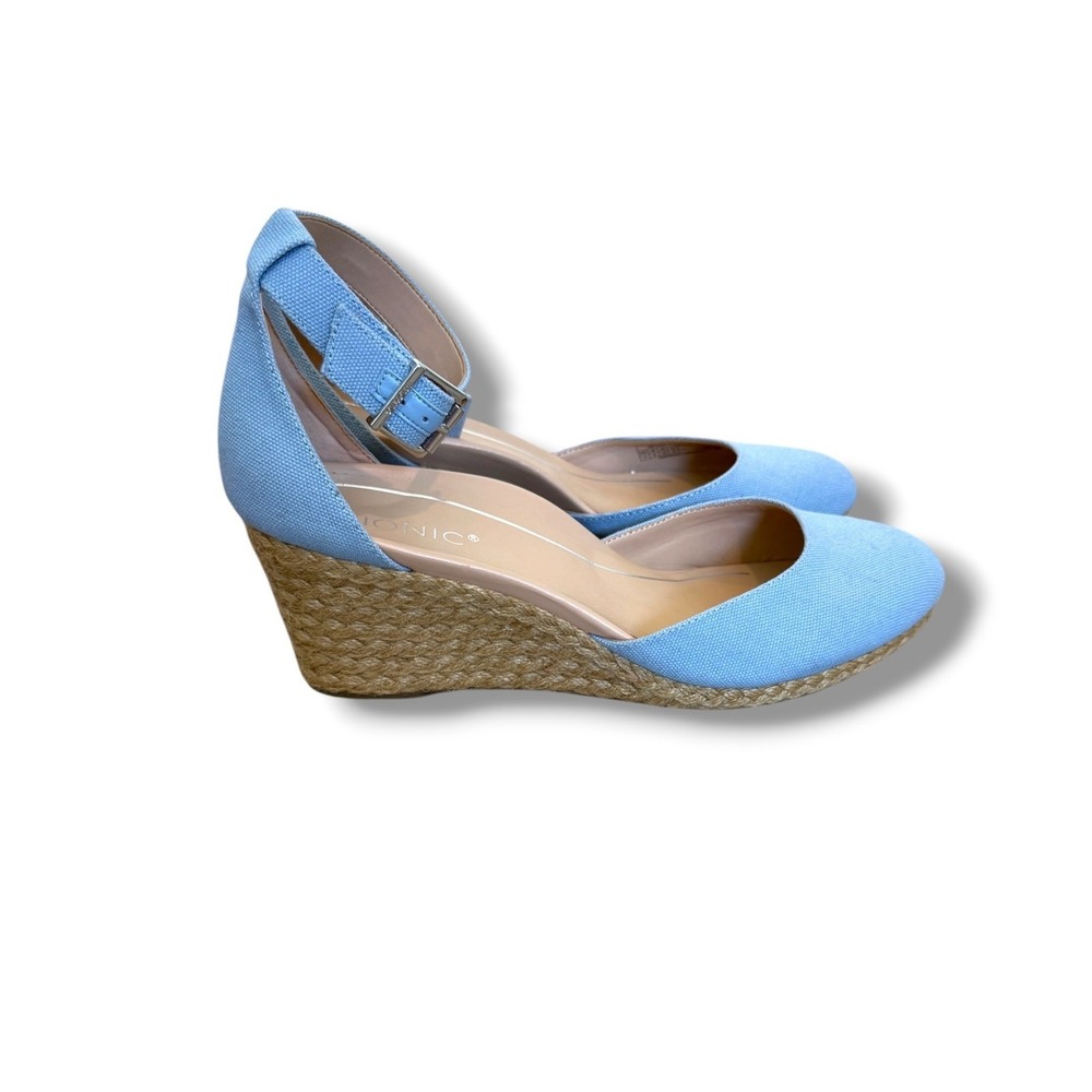 Vionic Amy Espadrille Wedges Womens 11 Light Blue Canvas Ankle Strap Closed Toe